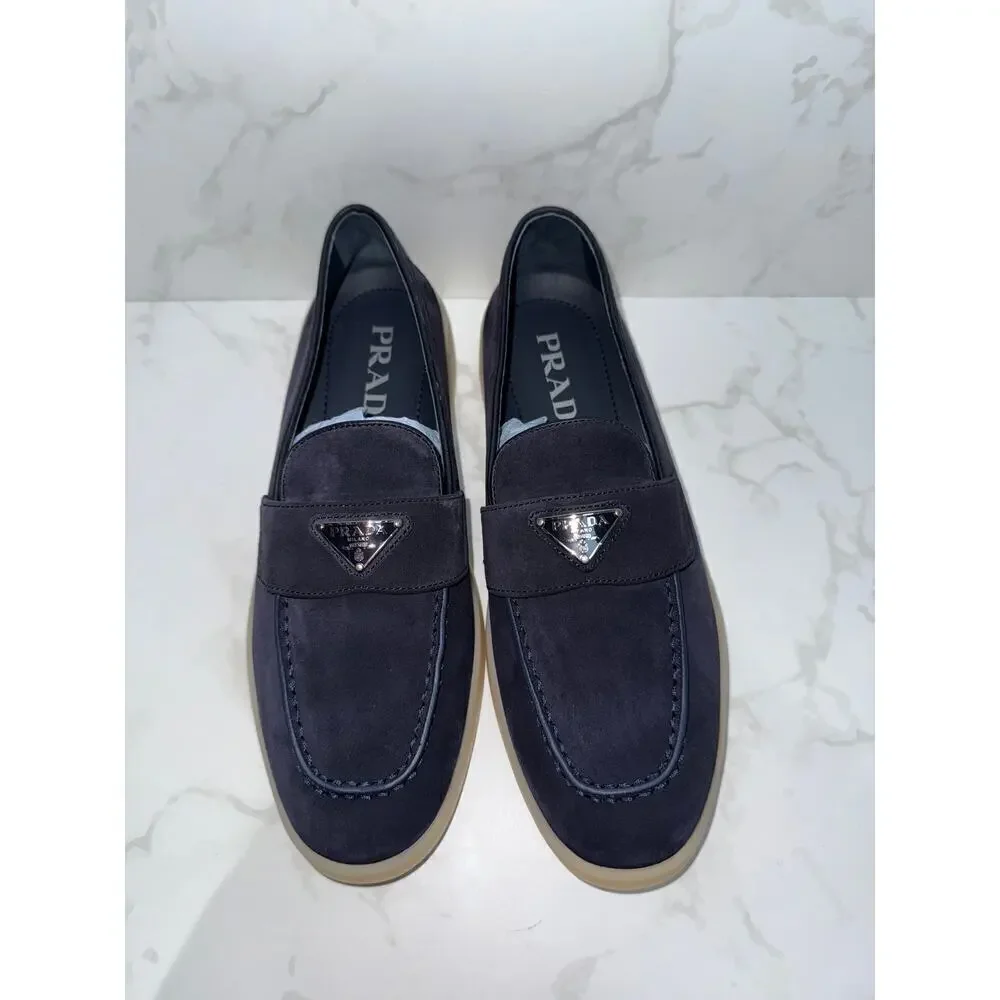 Prada Triangle Logo Suede Loafers Navy Blue 37.5